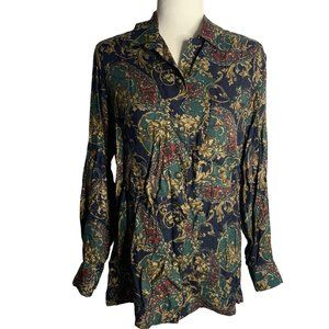 Vintage 90s Button Down Paisley Shirt S Navy Blue Collared Pocket Long Sleeves